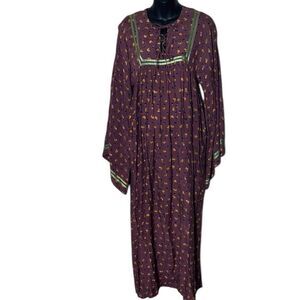 Karavan Indian hand made 100% cotton floral‎ embroidered maxi dress vintage